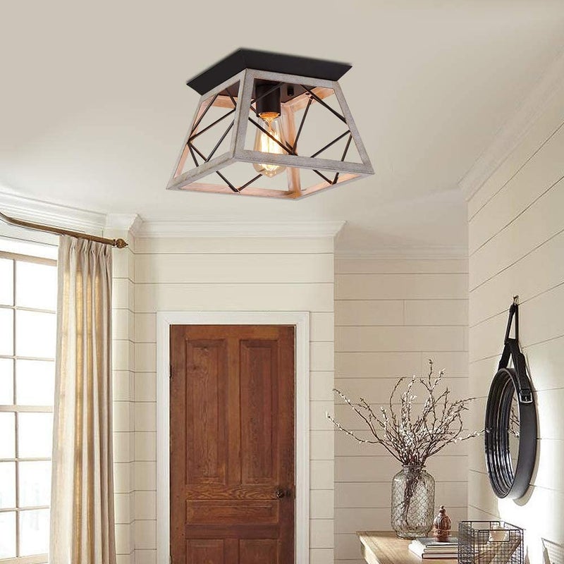 QS Q&S Rustic Farmhouse Ceiling Light Fixture Flush Mount Vintage Ceiling Lights for Hallway Entryway Kitchen Dining Room Bedroom,Wrought Iron Oak White and ORB 1 Light E26 - Image 5
